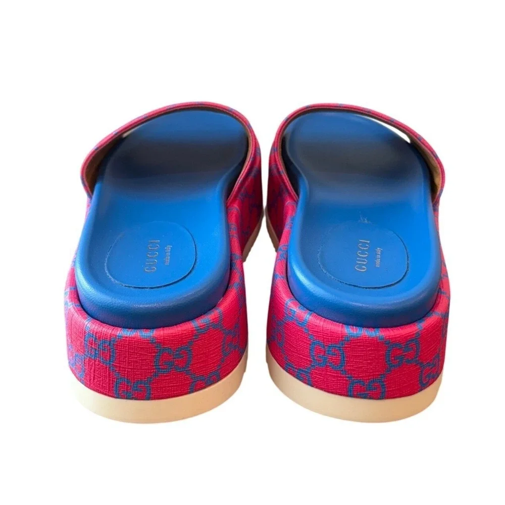 Gucci GG Supreme Angelina Platform Sandals Pink Blue Slides Size‎ 37.5/7.5 US
